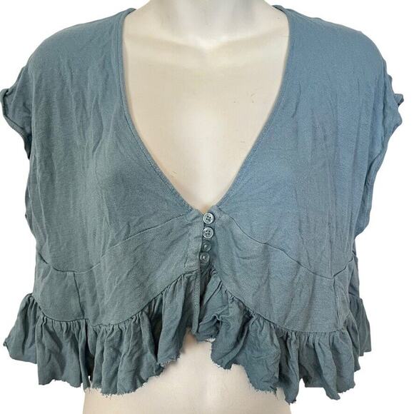 Urban Outfitters Womens Blue Knit Ruffle Boho Cropped Babydoll Button Up Top M - Picture 1 of 16